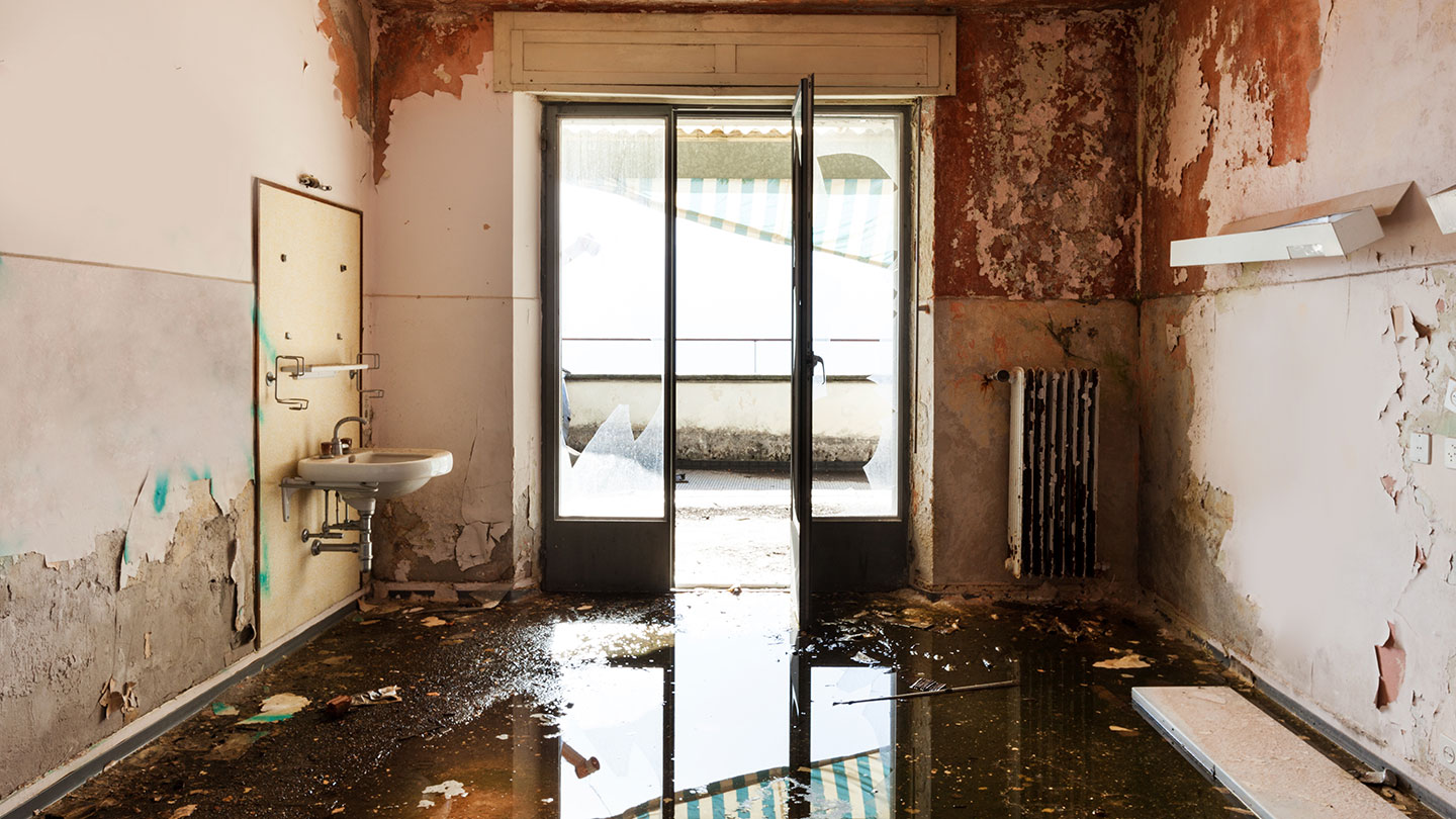 Water-damaged interior in a Plantation home