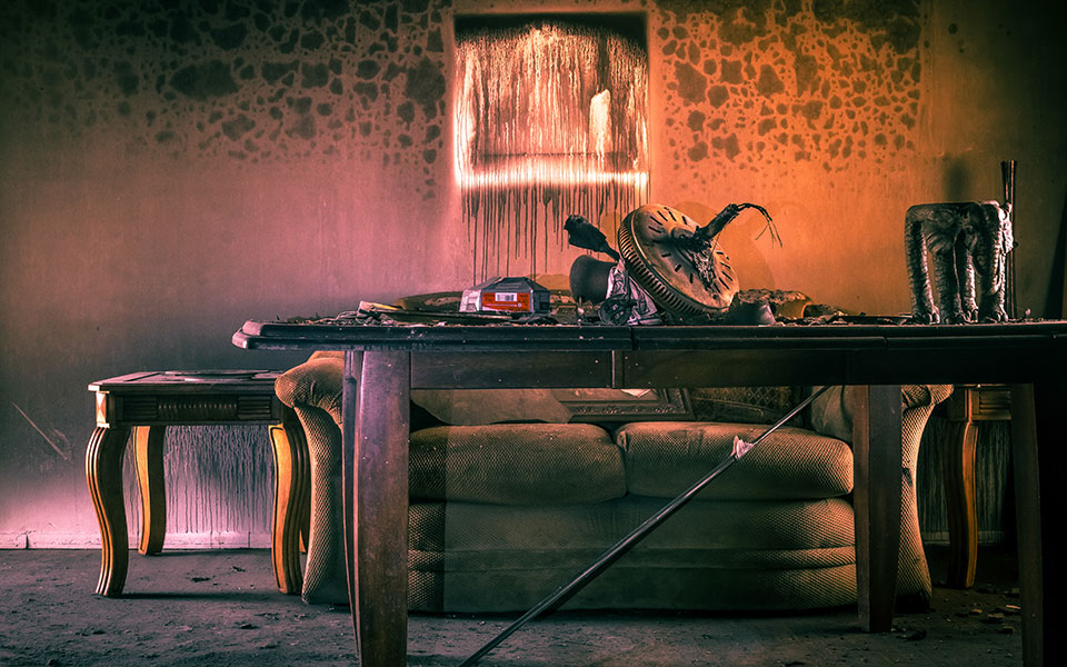 fire damaged living room