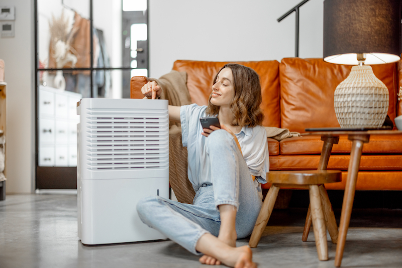 Woman inside her home with dehumidifier