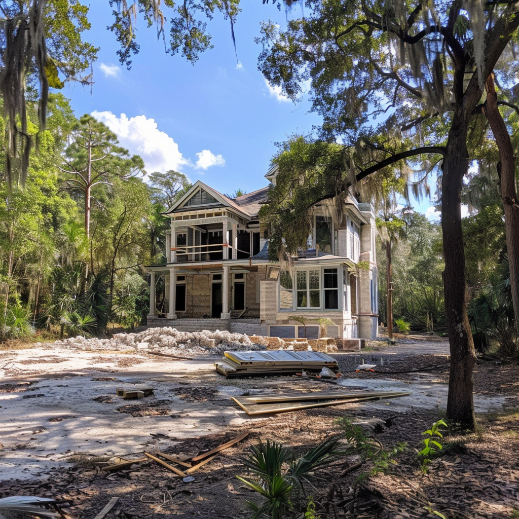 Historic home in Florida, beige facade. The outside is under construction, materials are on the ground. Area is surrounded by trees and greenery.