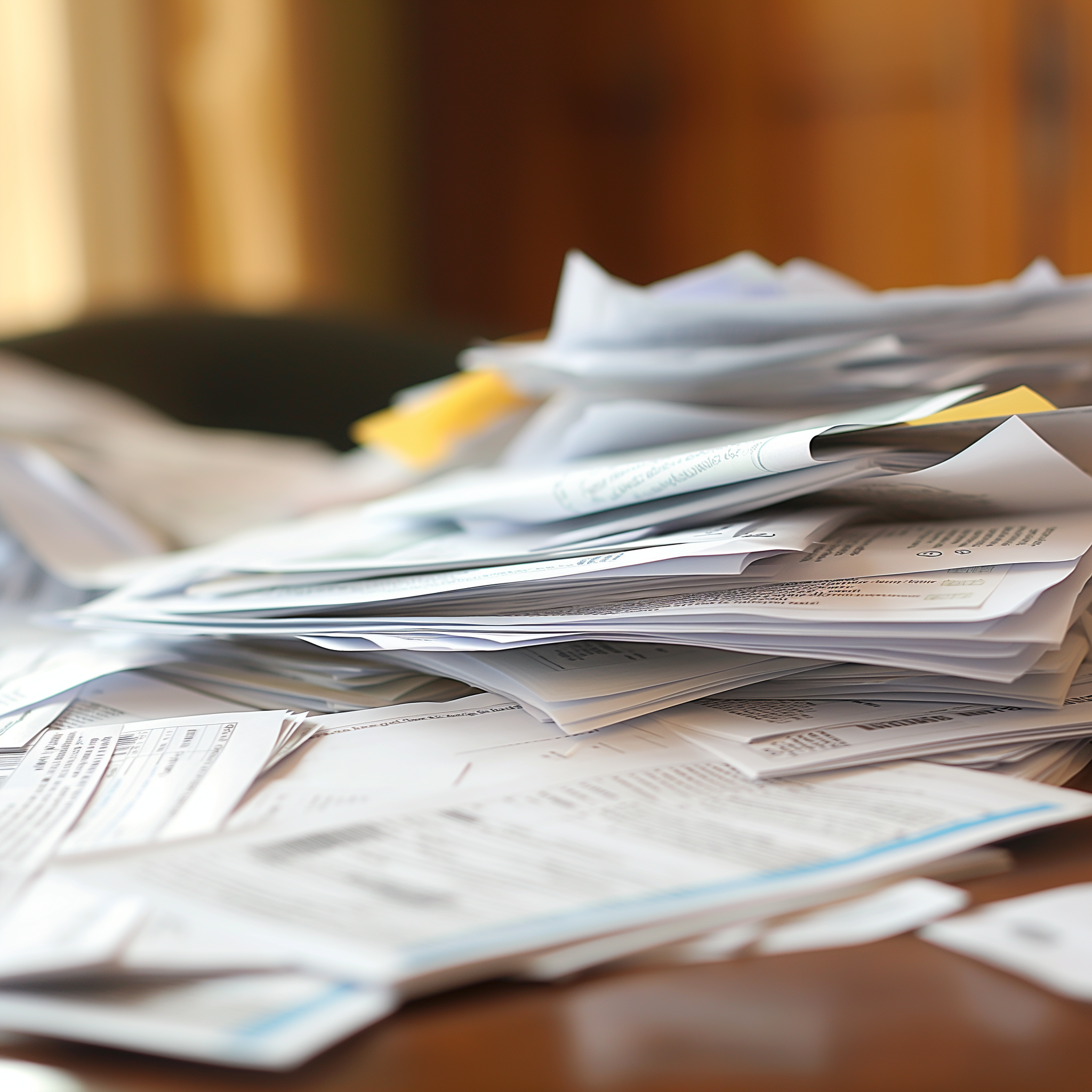 a stack of documents on a desk. depicting filing of a homeowner's insurance claim