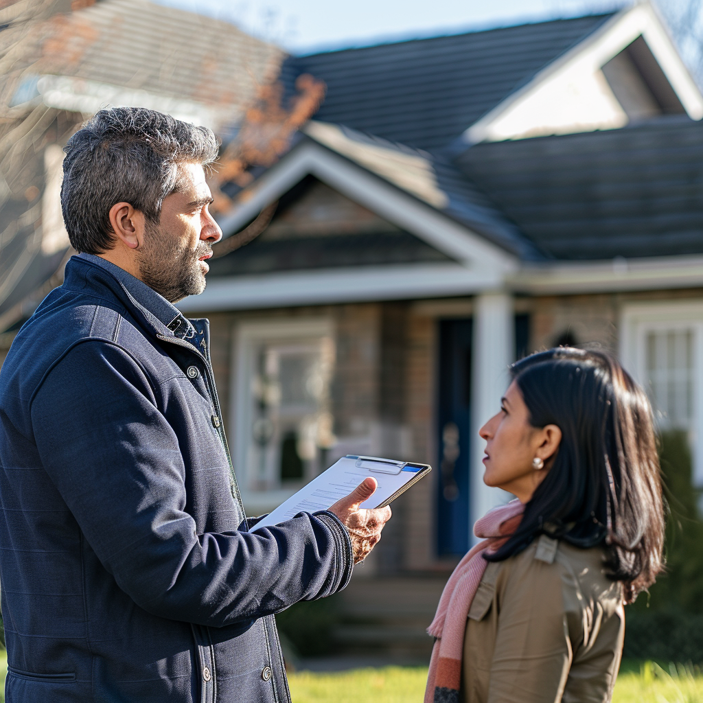An insurance agent, on the left, holding a clipboard and talking to a disgruntled homeowner, on the right, in front of her house