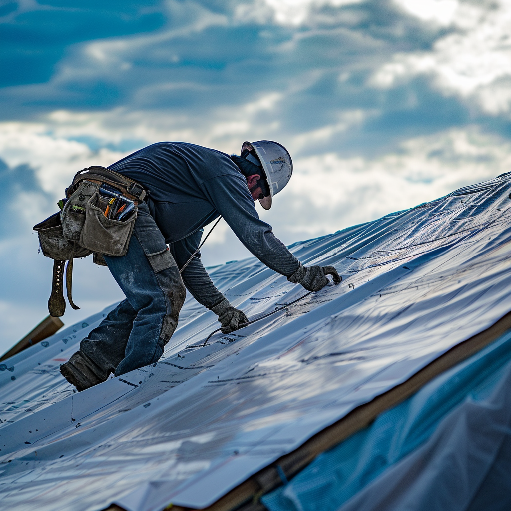 A worker installing a tarp on the roof of a house