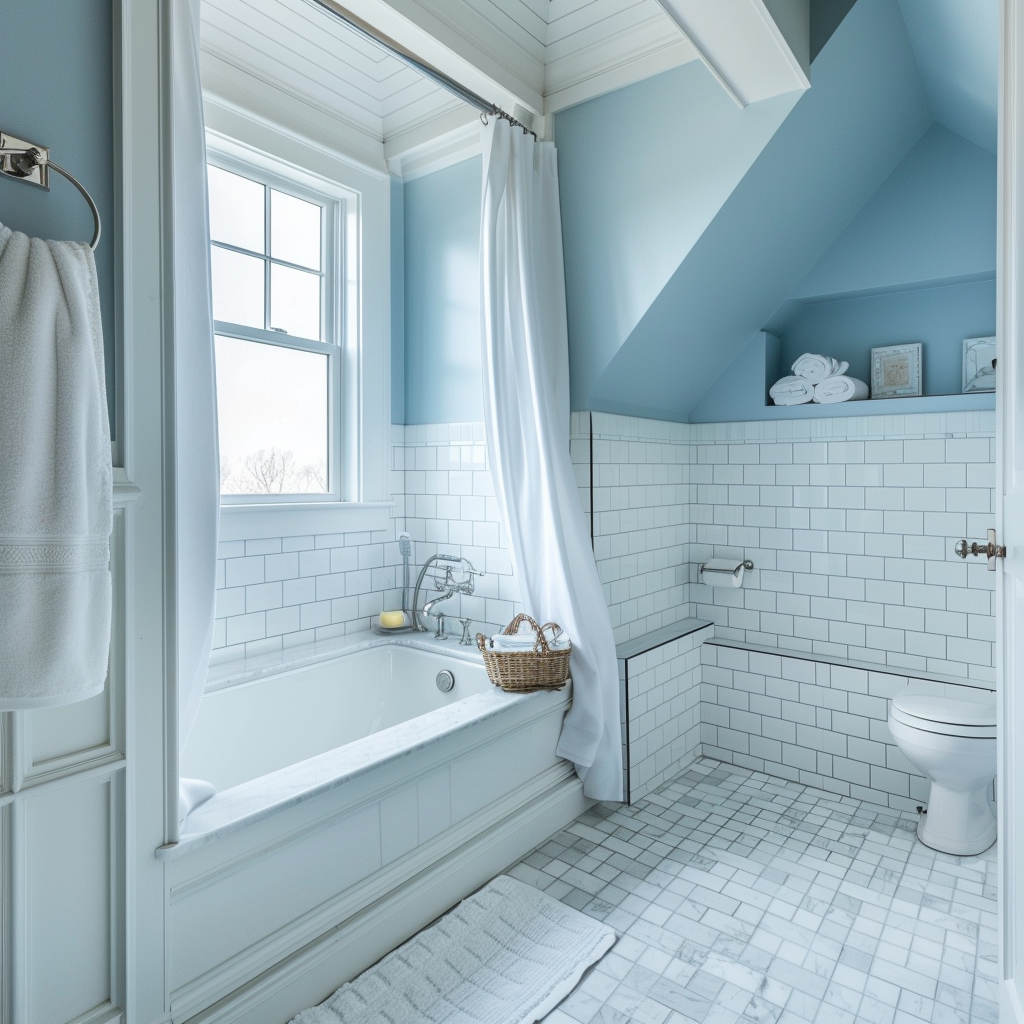 A bathroom that is free of mold. White tiles, sky blue wall paint. Depicts mold in bathroom and how to prevent it