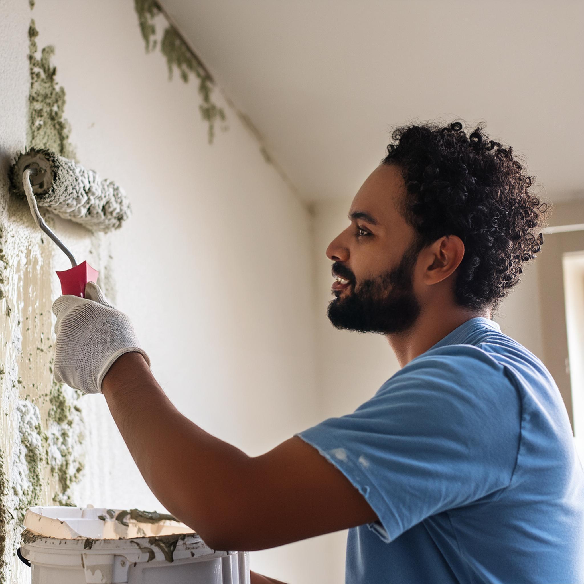painter painting over mold on a wall inside a home with white paint