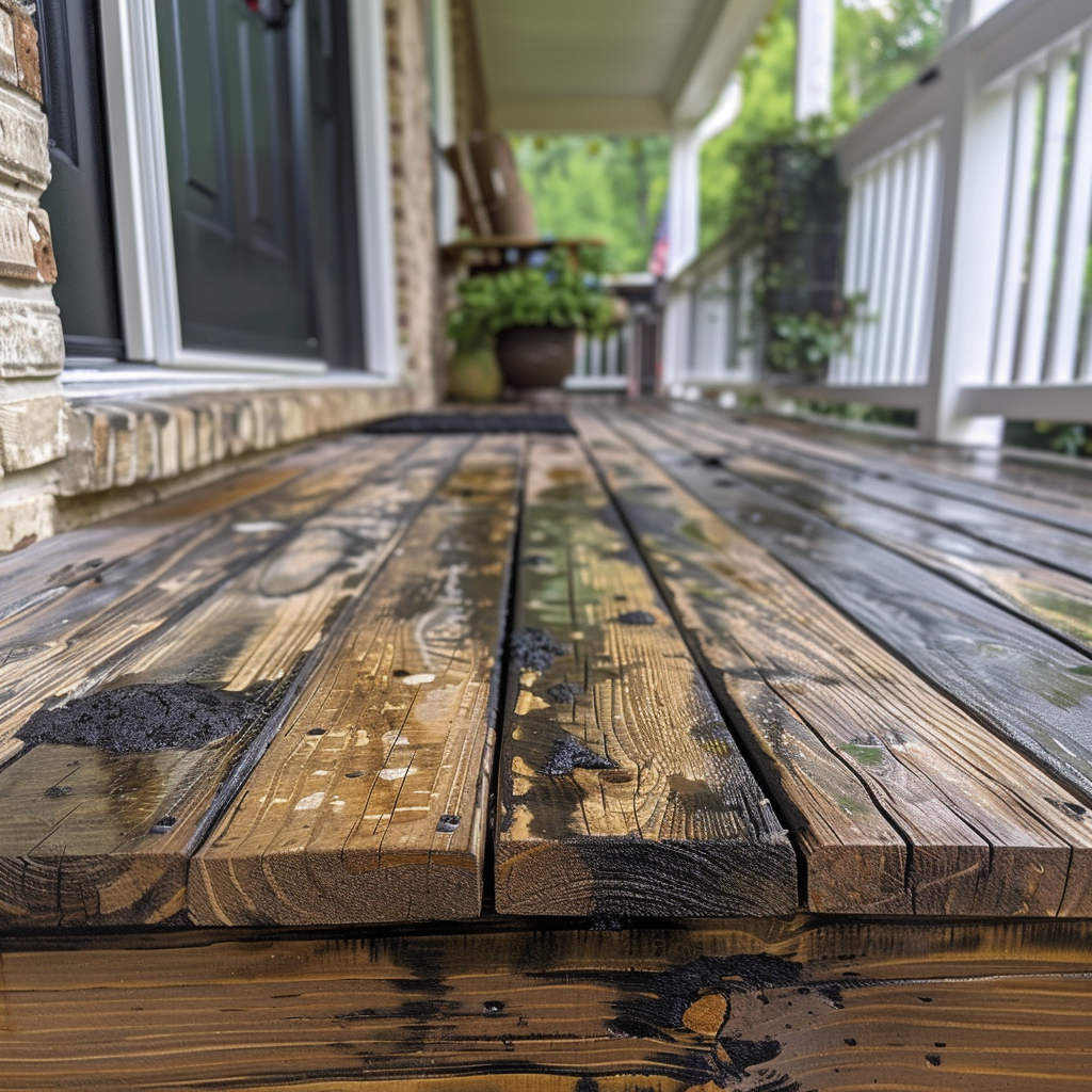 Black mold growing on an outdoor wooden deck of a home.