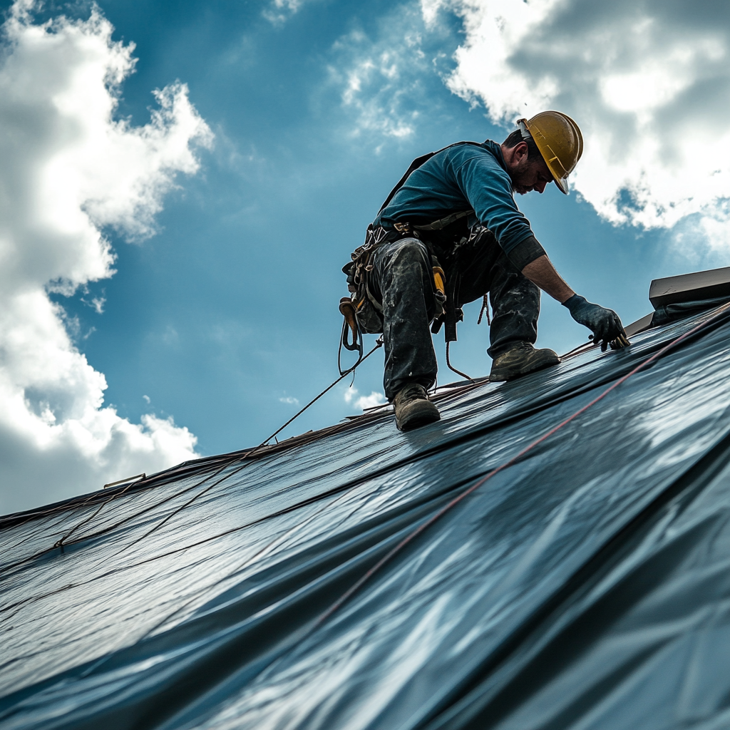 A handyman tarping a roof. depicts roof tarping