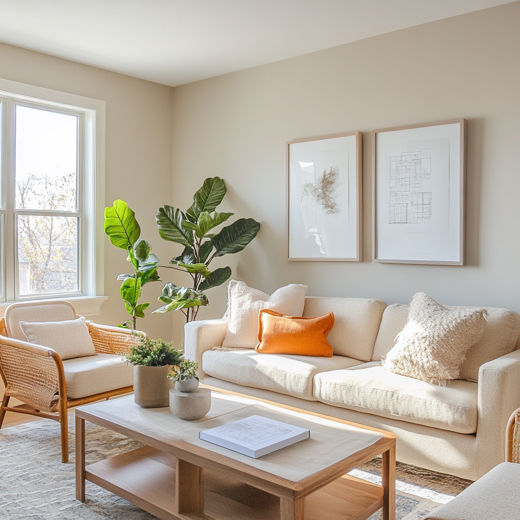 A living room with natural light from large windows, plants, and bright furniture. These elements are integral for reimagining your living space after fire damage.