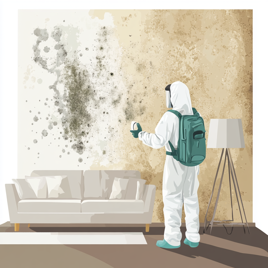 An illustration of a mold remediation expert wearing protective geat in front of a wall with mold growth. Depicts homeowners' insurance mold coverage.