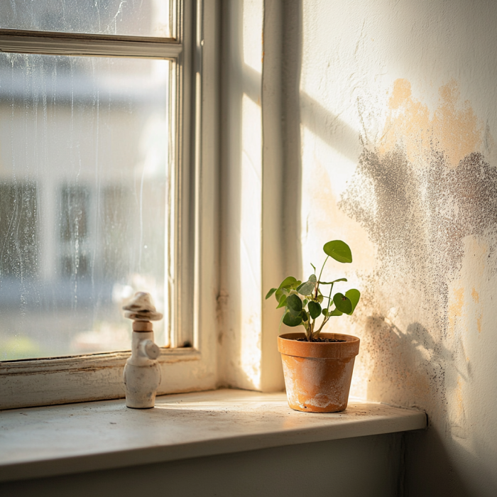 A small plant on a windowsill by a wall, with slight mold growth on the wall. Some moisture is visible on the window, depicting common causes of mold growth.