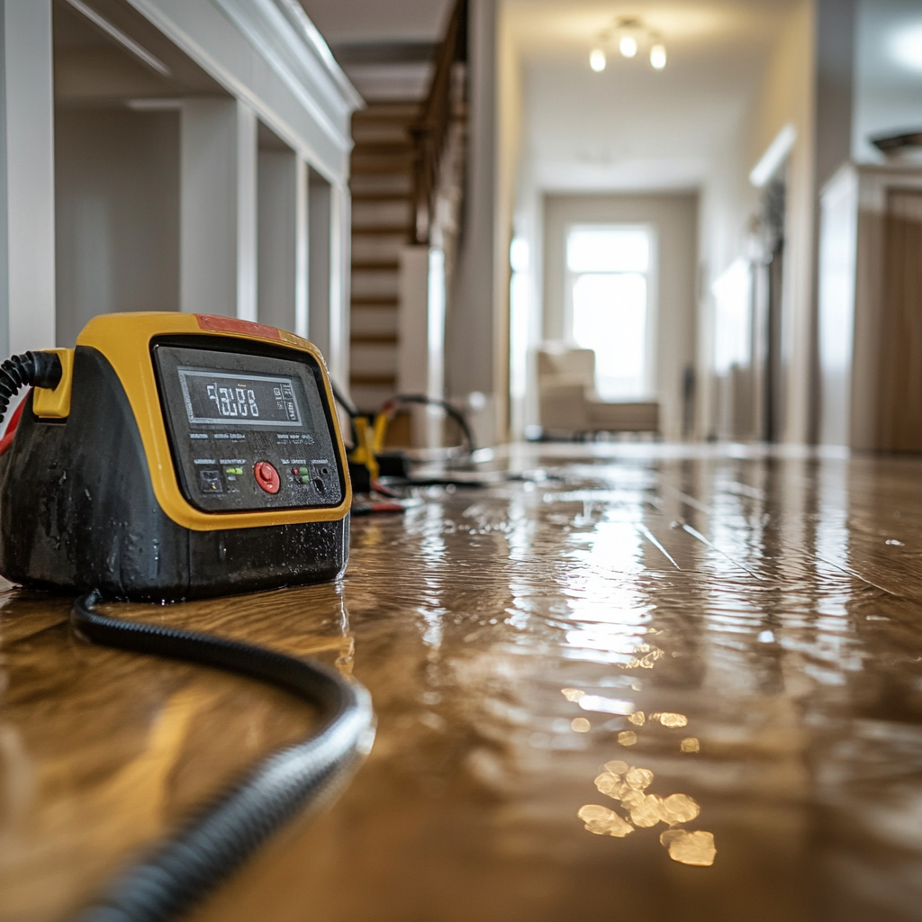 A dryer being operated in a house on a wooden floor covered in water Depicts drying to prevent long-term water damage.