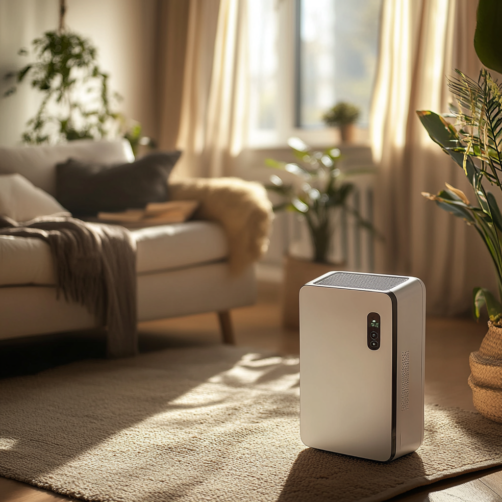 A dehumidifier in a living room. Depicts humidity and water damage, specifically how controlling one can help prevent the other.