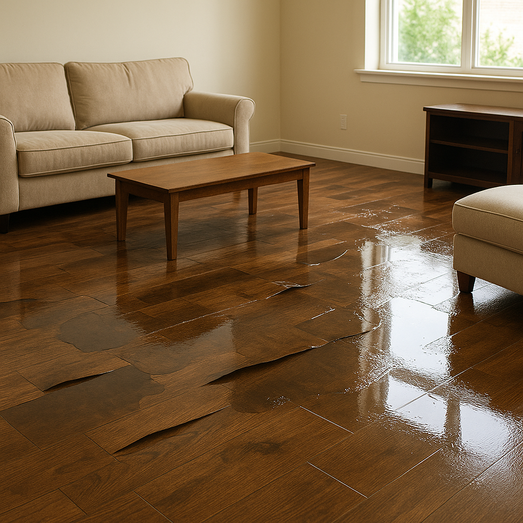 A living room with a flood-damaged floor. The wood floor is warped, and is in need of restoration.