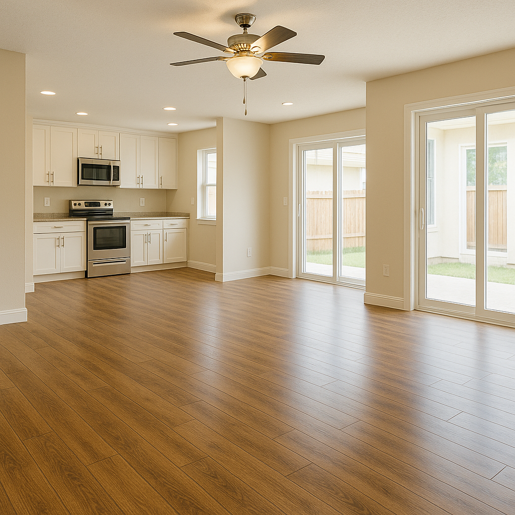 A completed remodel of a living room and kitchen after flood damage. Depicts remodeling after a disaster.