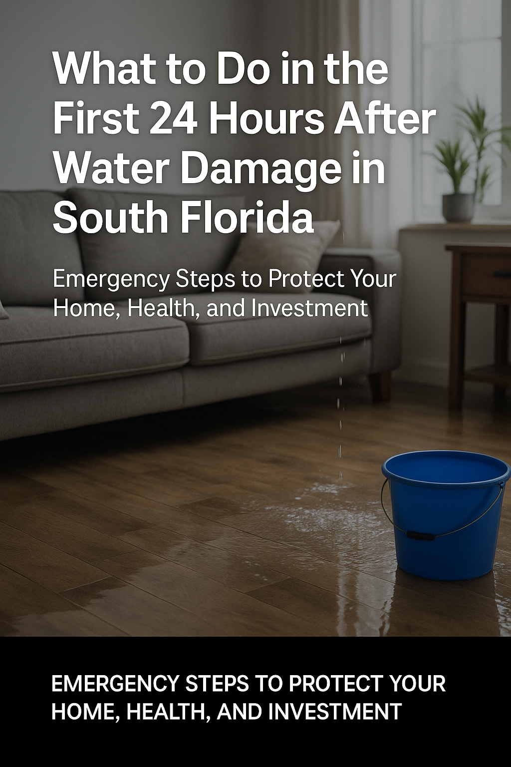 Living room with water damage in South Florida, showing water dripping from the ceiling into a blue bucket on hardwood floors. Text overlay reads "What to Do in the First 24 Hours After Water Damage in South Florida – Emergency Steps to Protect Your Home, Health, and Investment."