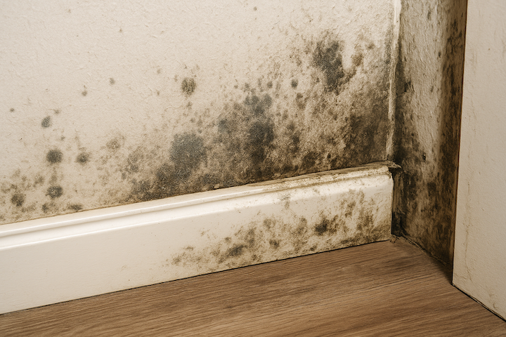Close-up of mold on baseboards and behind a wall in a South Florida home, showing visible black and green discoloration.