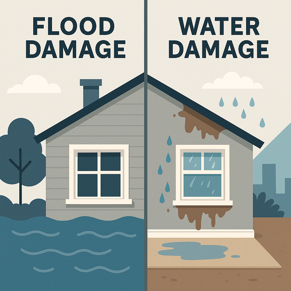llustration comparing flood damage vs water damage on a house, showing rising water on one side and interior leaks on the other.