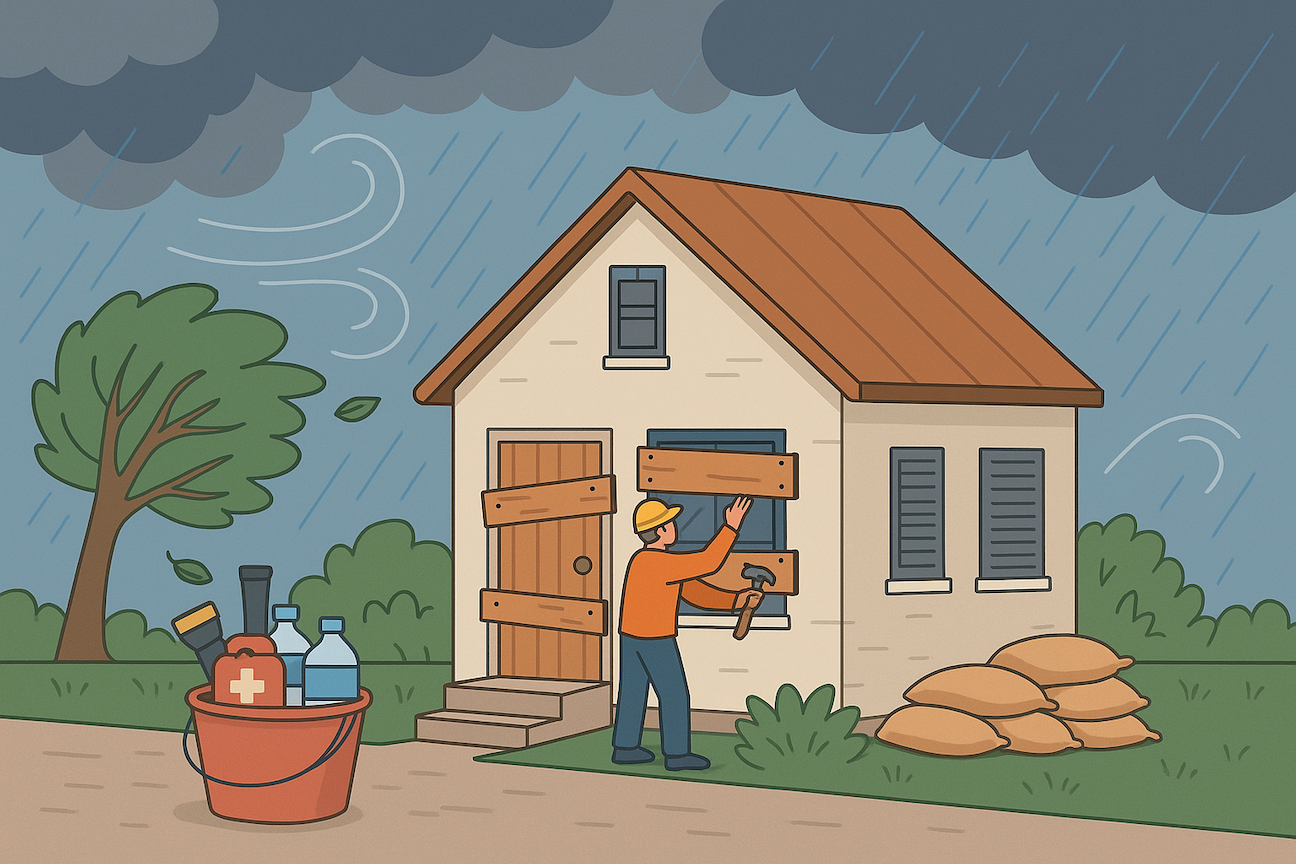 Hurricane season prep in South Florida showing a homeowner boarding windows, placing sandbags, and organizing an emergency kit.