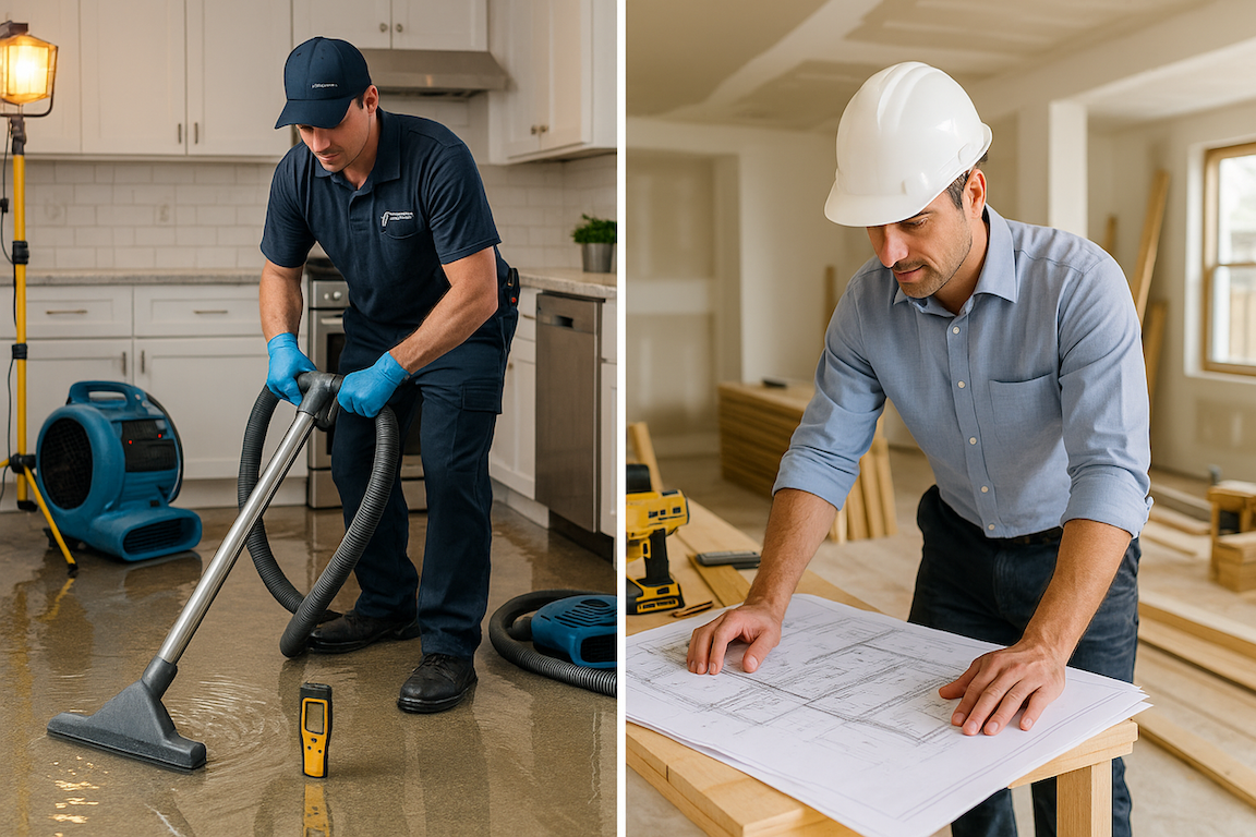 Split screen comparison showing restoration company vs general contractor: emergency water extraction specialist with industrial equipment on left, general contractor with blueprints on construction site on right