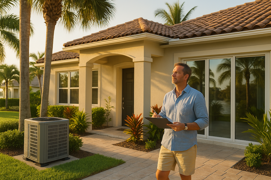 Florida home inspection checklist in action: snowbird homeowner with clipboard inspecting property exterior and air conditioning unit at South Florida home with palm trees
