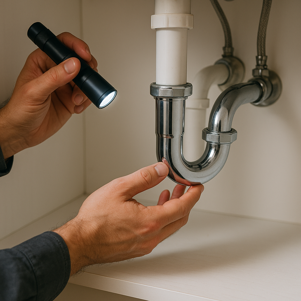 Hands inspecting kitchen plumbing for post-holiday home damage in South Florida