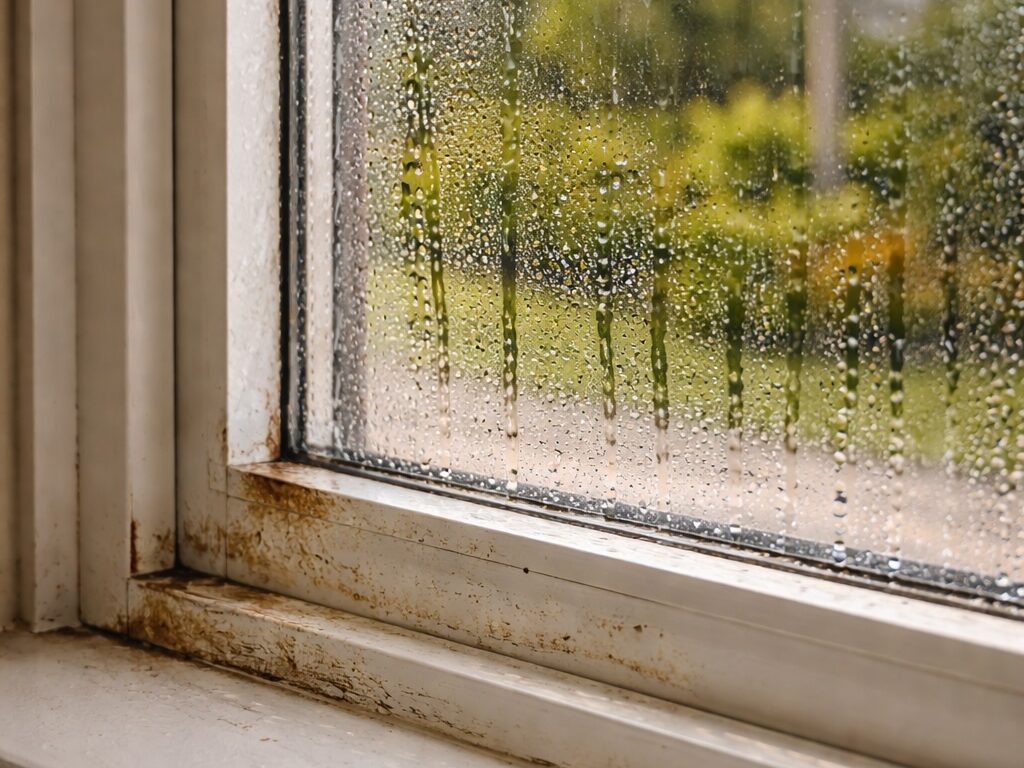 Window condensation and mold growth during spring mold season in South Florida home, showing water droplets on glass and visible mold damage on window frame