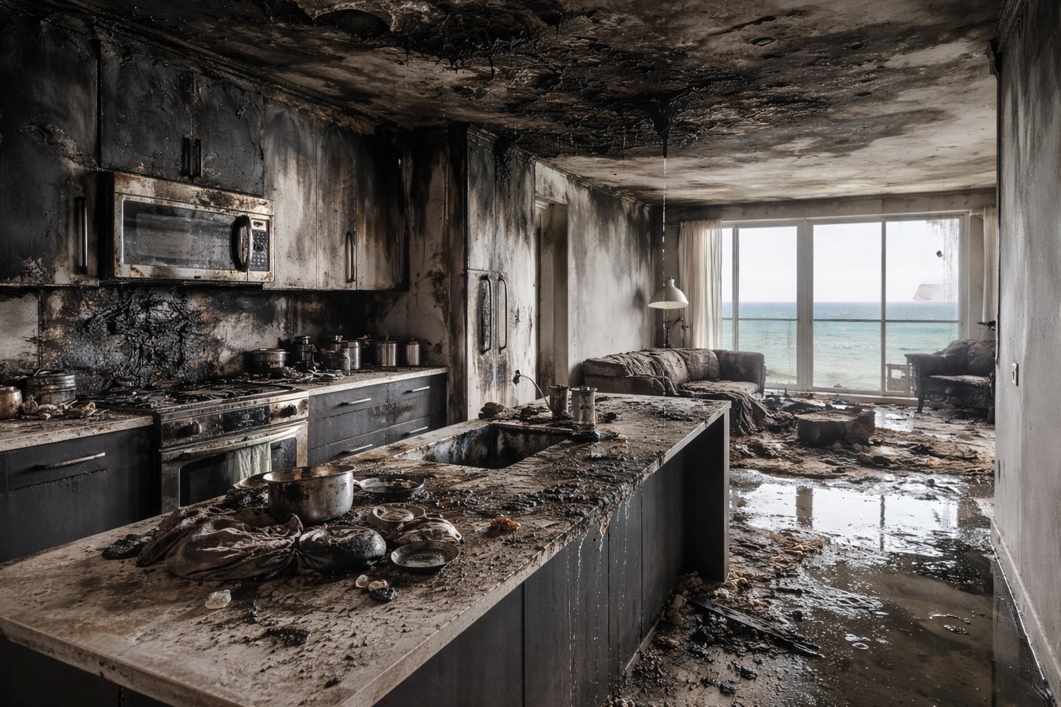 Severe fire and smoke damage in Juno Beach oceanfront condo kitchen showing charred cabinets, soot-covered walls and ceiling, and water damage requiring professional fire damage restoration