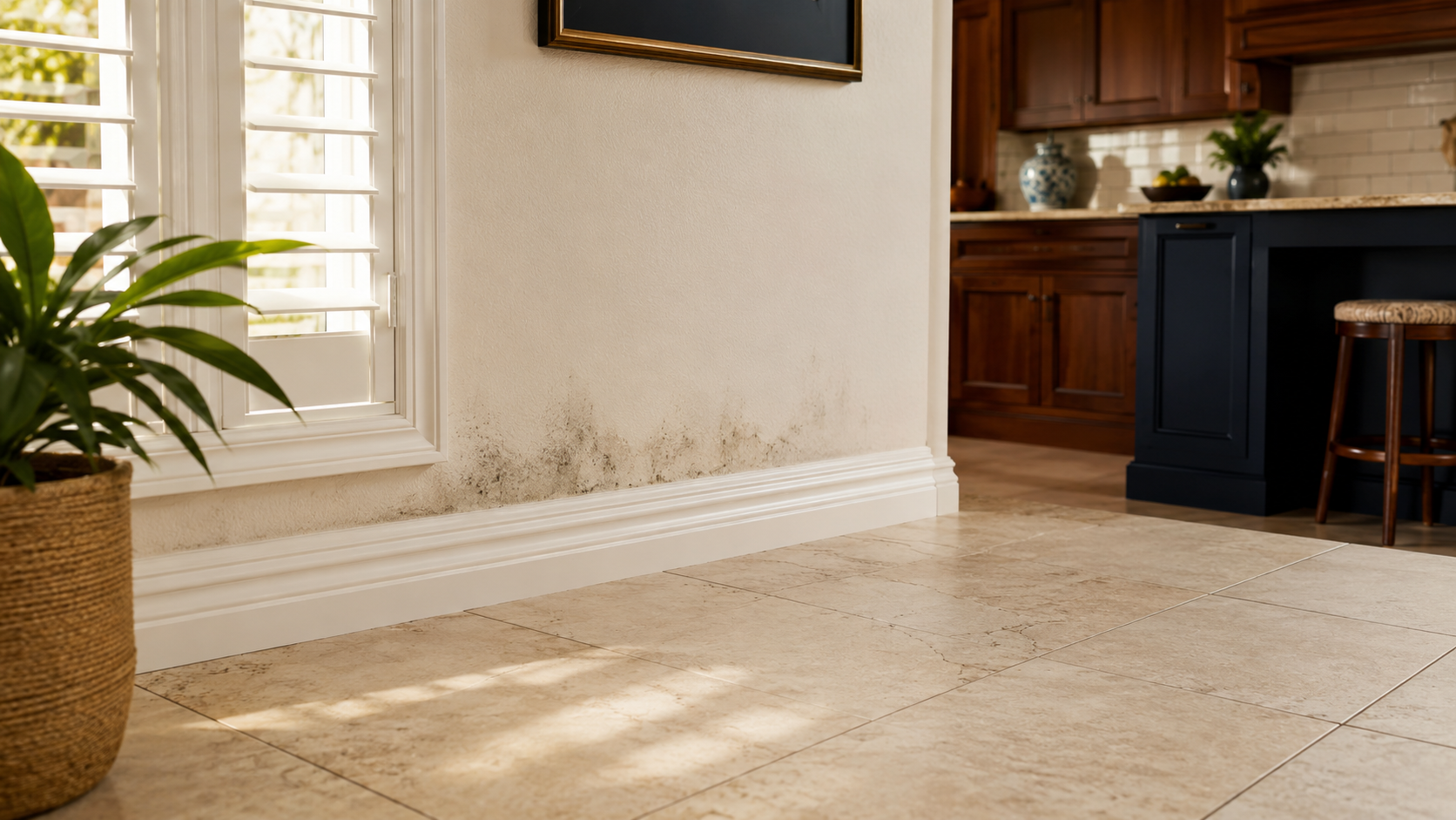 Florida home interior tile floor with subtle baseboard moisture and hairline grout cracks indicating a hidden slab leak