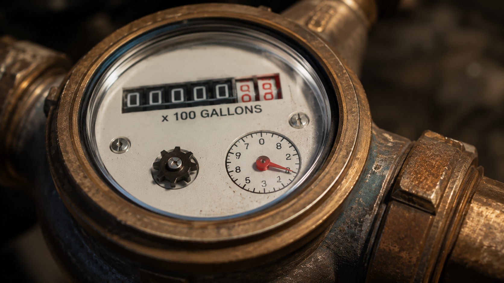 Macro of a residential water meter with the leak-detection dial clearly visible