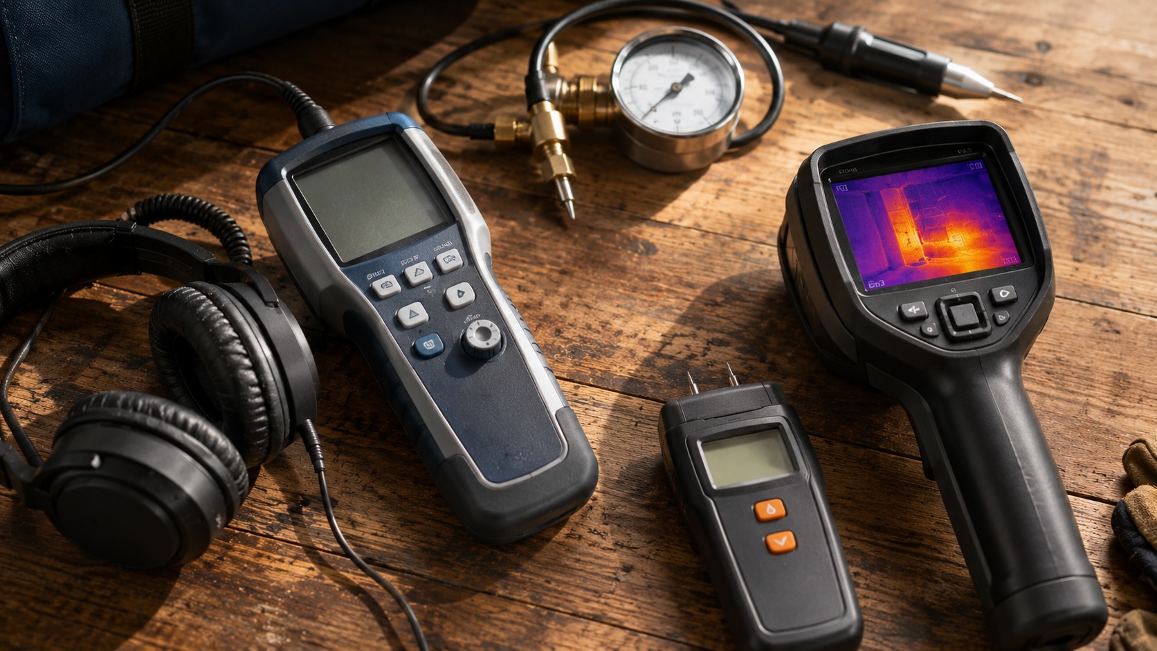 Professional leak detection tools including listening device, infrared camera, pressure gauge, and moisture meter on a wood workbench