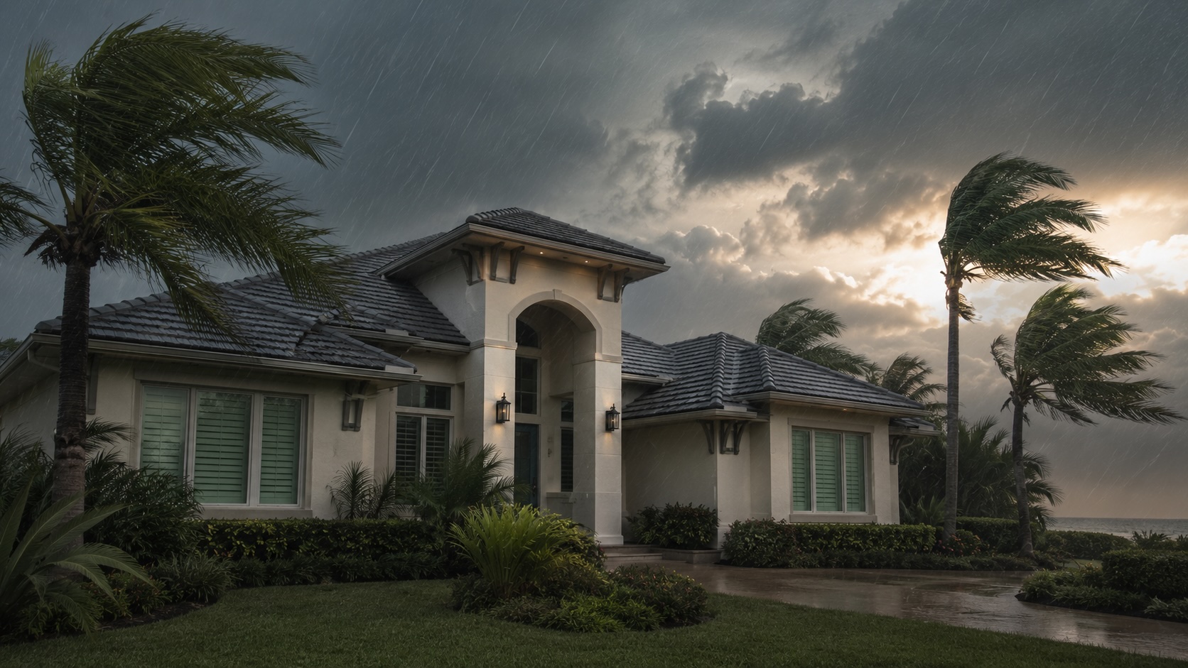 Coastal Palm Beach County home exterior during a tropical storm with horizontal driving rain and bending palms