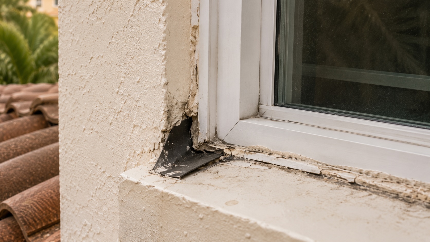 Close-up of a Palm Beach County home window frame with aged caulk and exposed flashing membrane at the sill