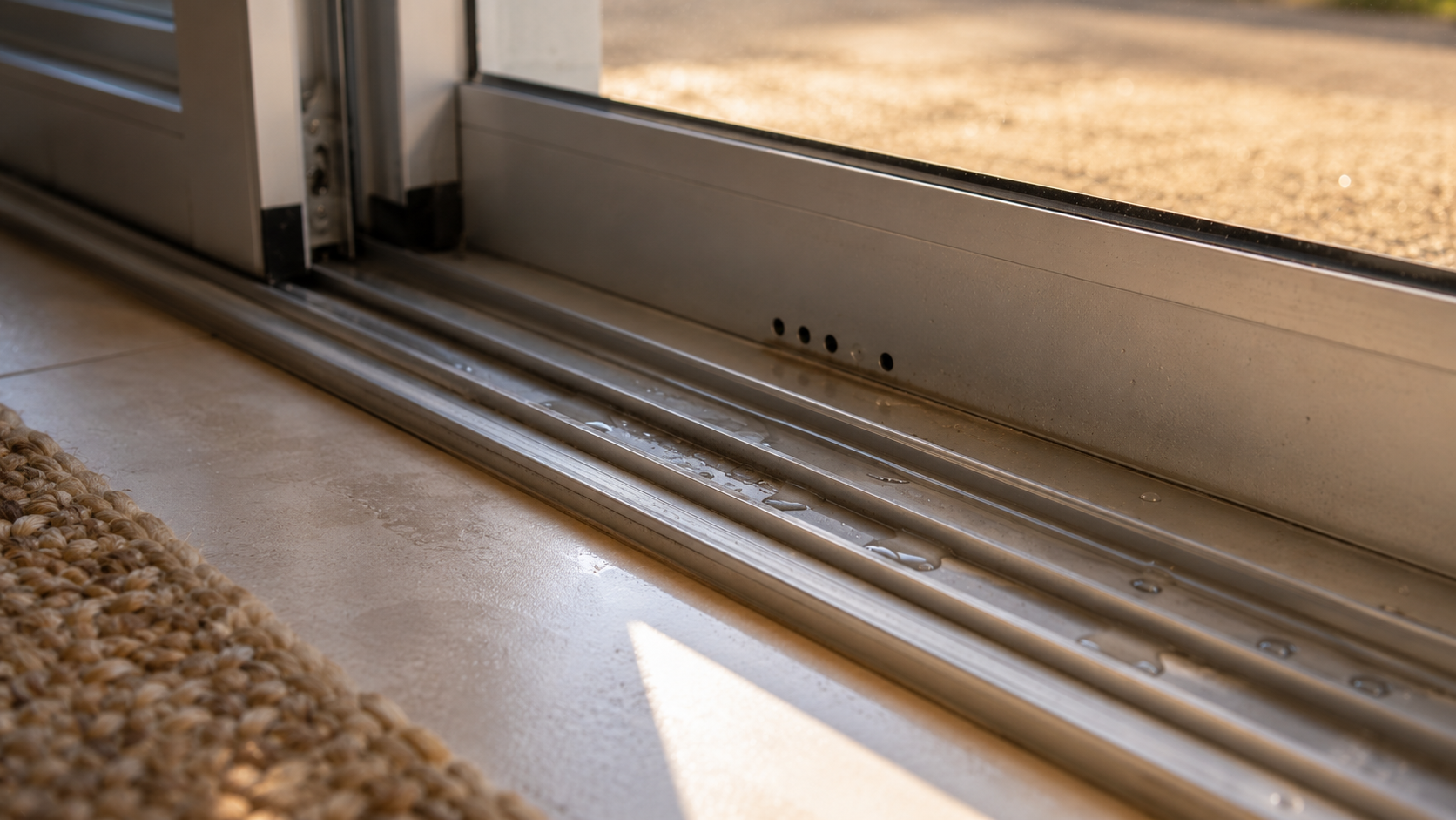 Interior macro of a sliding glass door bottom track showing weep holes and pooled water