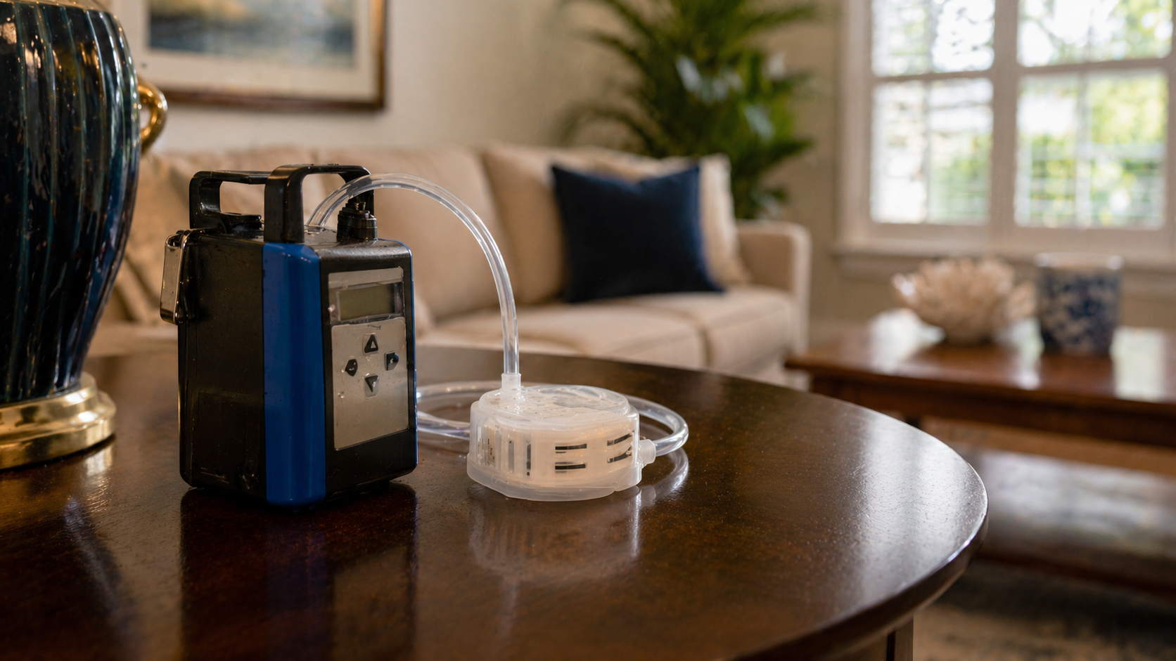 Air sampling pump device with cassette attachment on a polished side table in a freshly remediated South Florida home