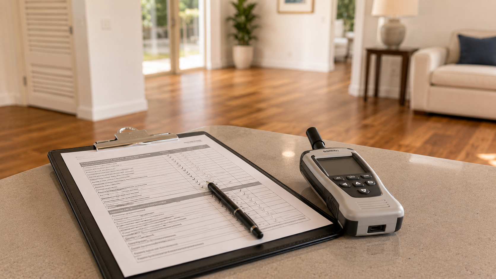 Indoor air quality inspector clipboard checklist and handheld particle counter on a clean countertop