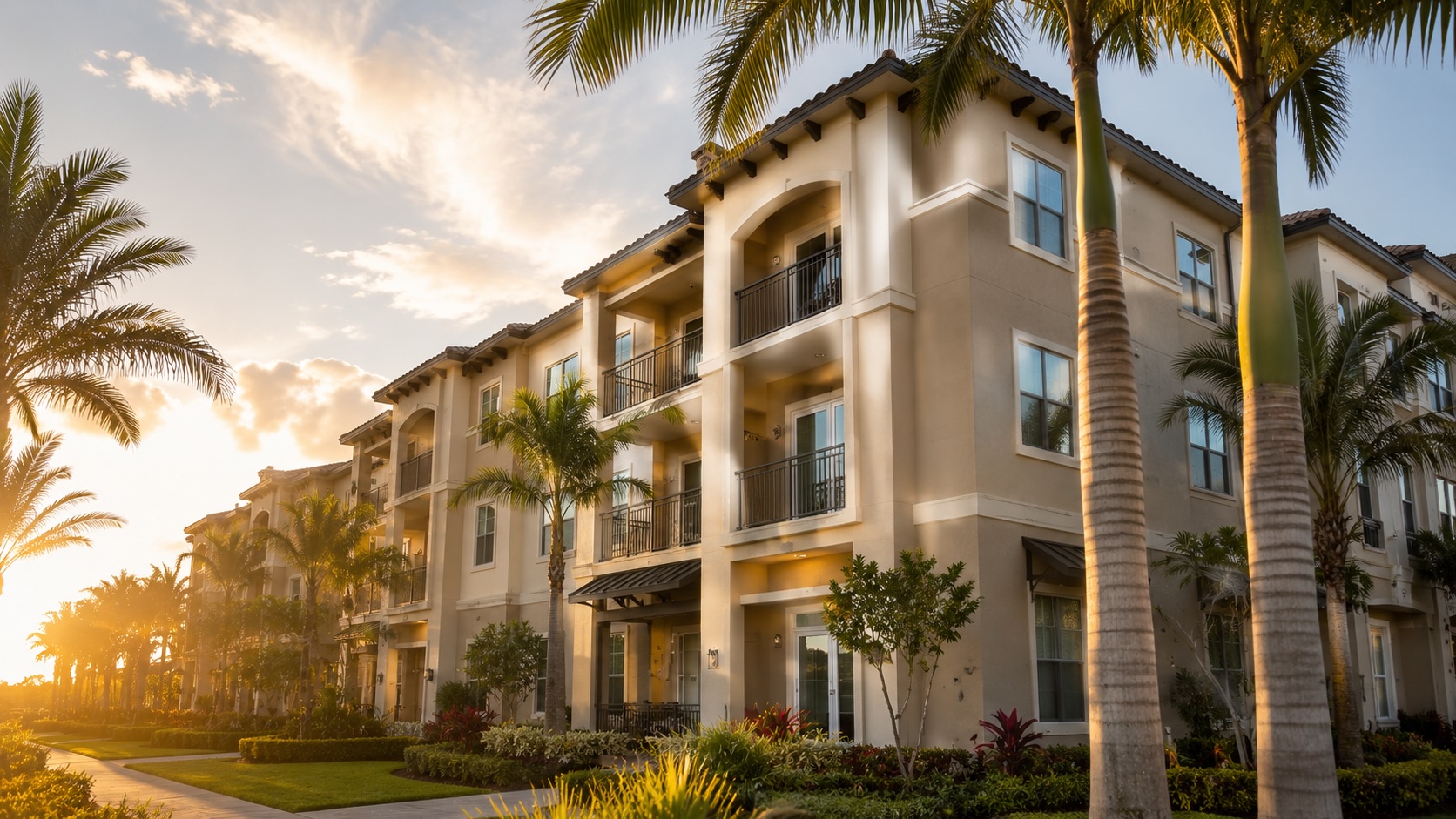 Exterior of a modern Palm Beach County multifamily condominium building at golden hour with palm trees in foreground