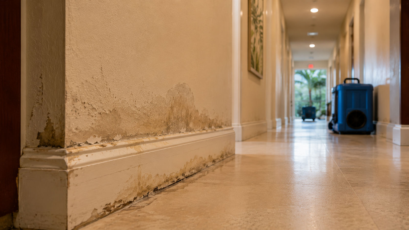 Interior corridor of a Palm Beach multifamily building showing subtle water damage at the baseboard with restoration equipment in background