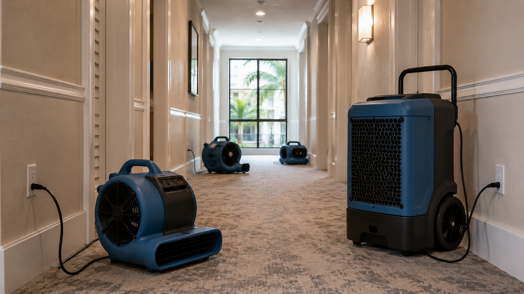 Professional restoration air movers and a commercial dehumidifier deployed in a multifamily building corridor
