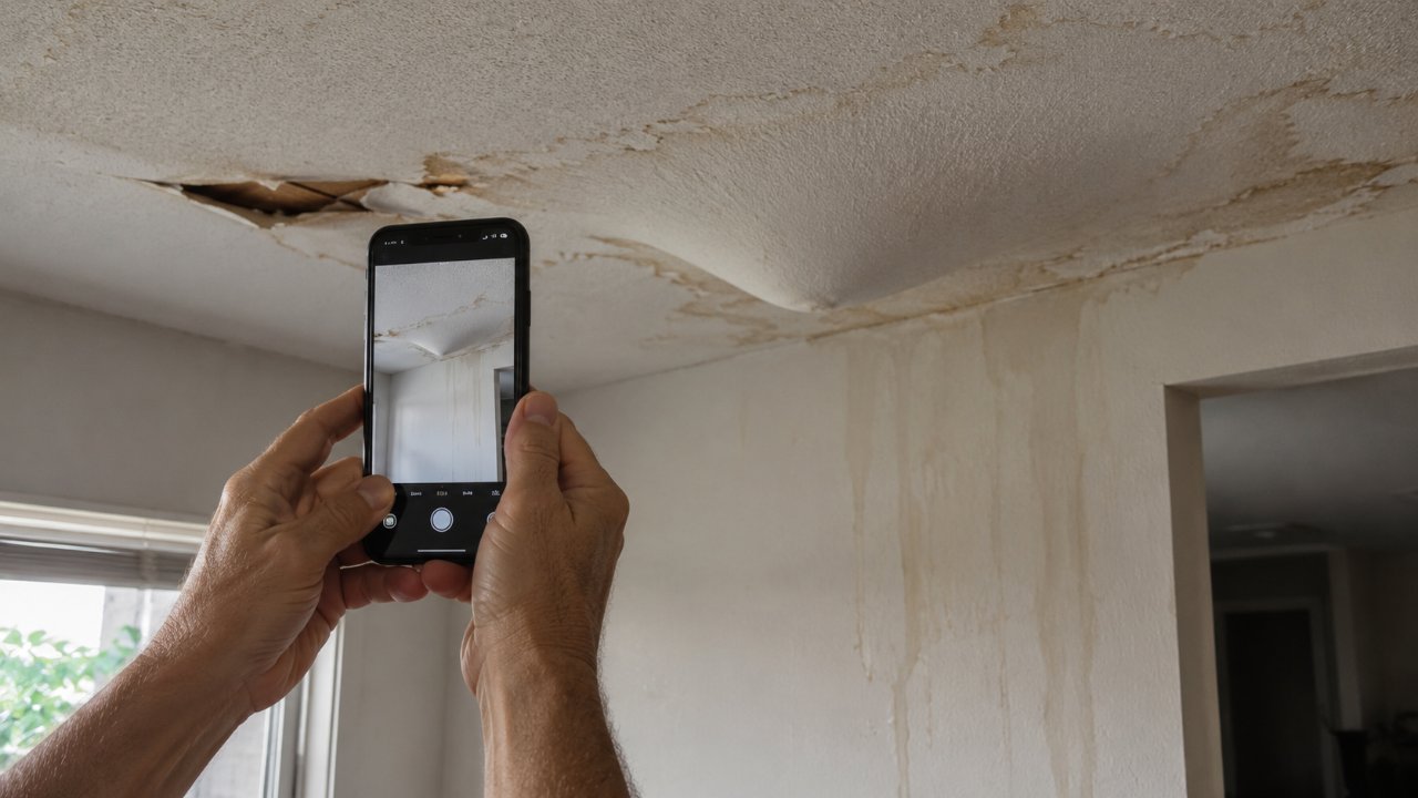 Homeowner photographing a water-damaged ceiling with a smartphone to document an insurance claim