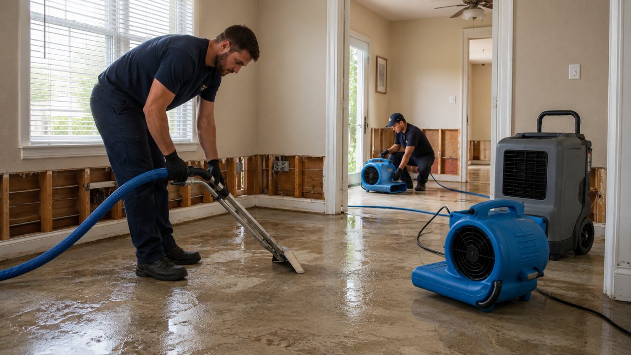 Restoration crew running water extraction and air movers to dry a flooded South Florida home