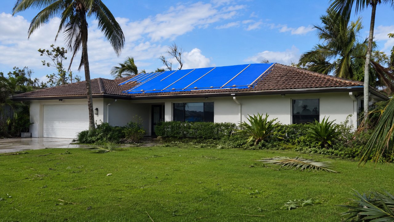 Blue emergency roof tarp professionally installed on a Palm Beach County home after a hurricane