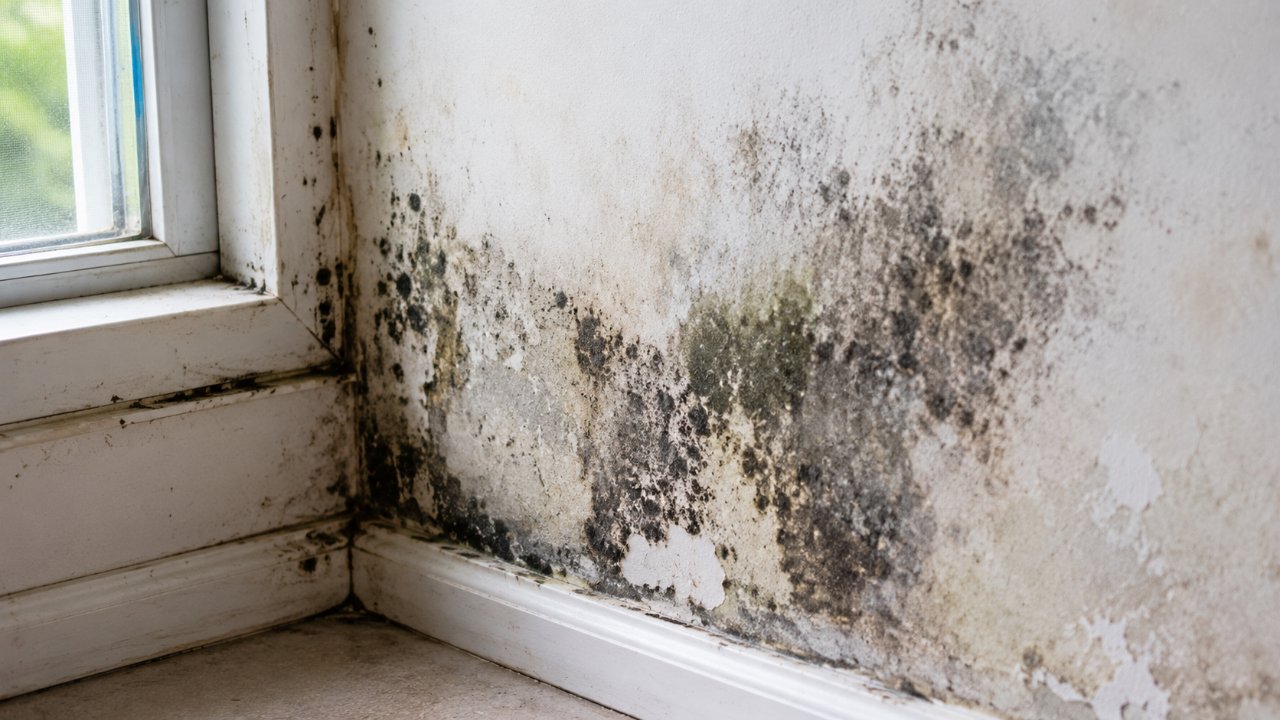 Close-up of black and green mold growth on interior drywall near a baseboard