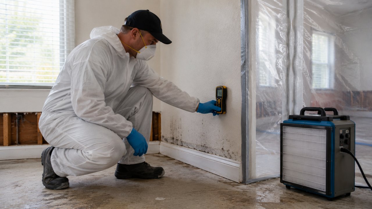 Technician using a moisture meter to inspect a wall beside mold containment sheeting
