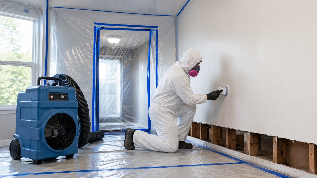 Mold remediation technician in protective gear working inside a sealed containment area